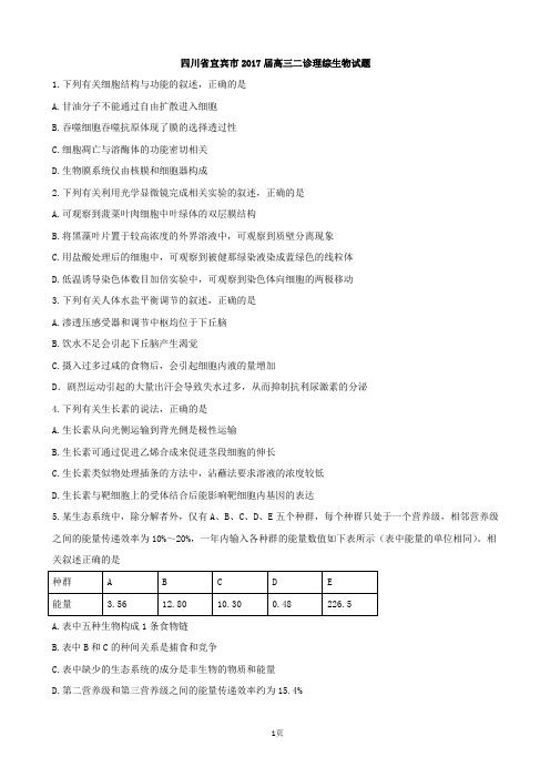 2017届四川省宜宾市高三二诊模拟理综试题