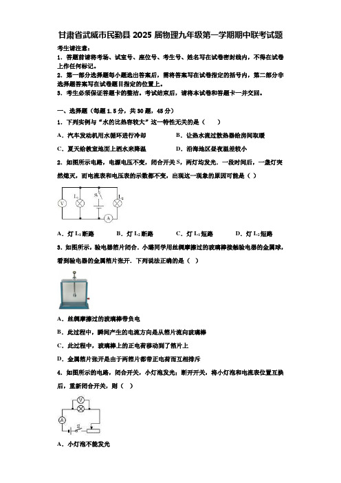 甘肃省武威市民勤县2025届物理九年级第一学期期中联考试题含解析