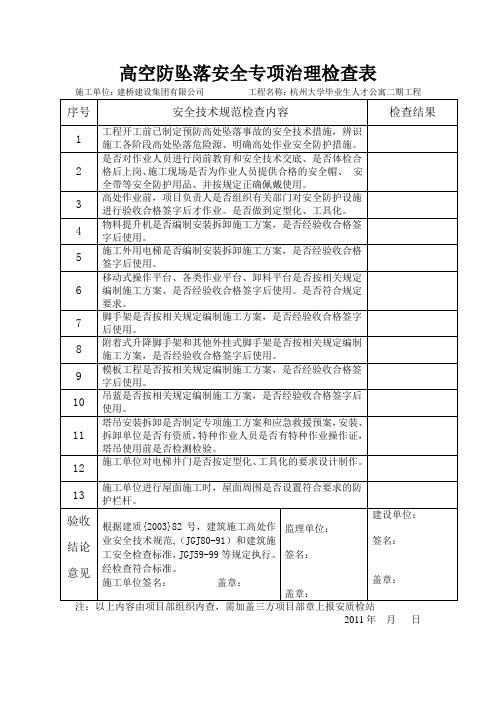 高空防坠落安全专项治理检查表