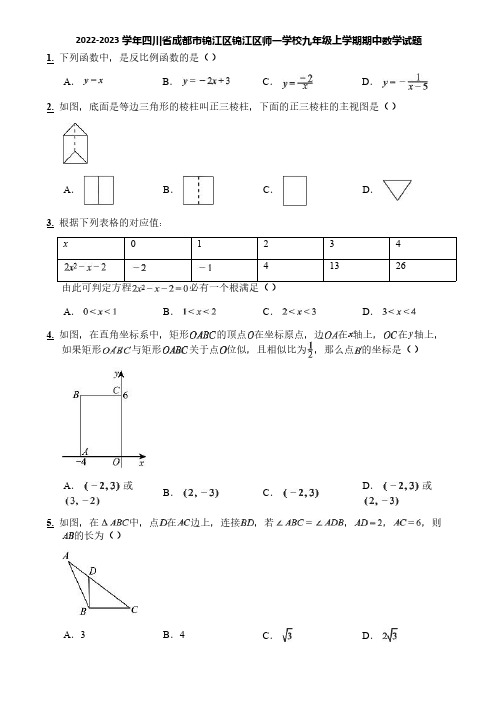 2022-2023学年四川省成都市锦江区锦江区师一学校九年级上学期期中数学试题