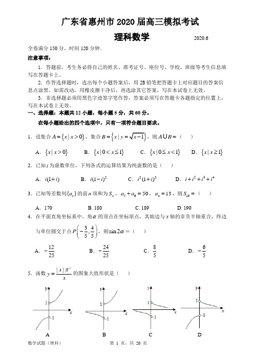 广东省惠州市2020届高三模拟考试 理科数学试题含解析