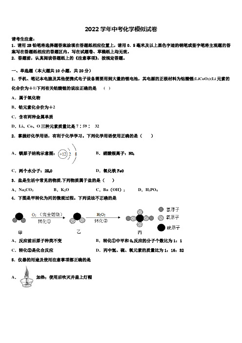 南京市重点中学2022学年中考五模化学试题(含解析)