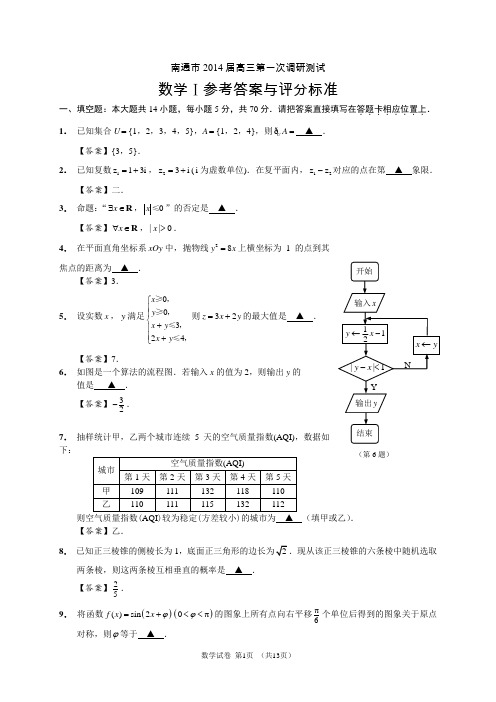 南通市2014届高三第一次调研测试(答案讲评建议)