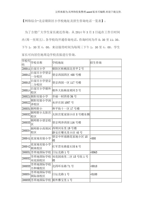 北京朝阳区小学校地址和招生咨询电话一览表