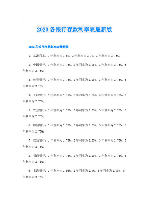 2023各银行存款利率表最新版