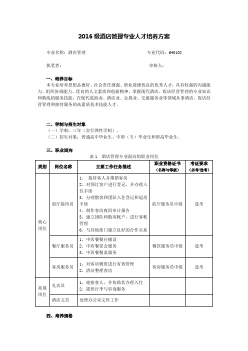 酒店管理  人才培养方案