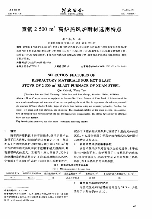 宣钢2500m3高炉热风炉耐材选用特点