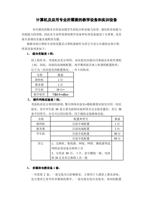 计算机及应用专业所需要的教学设备和实训设备