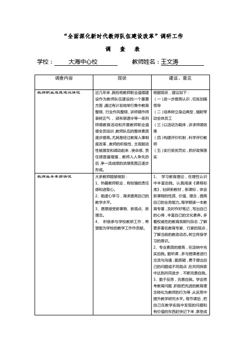 全面深化新时代教师队伍建设改革 调研工作 调查表