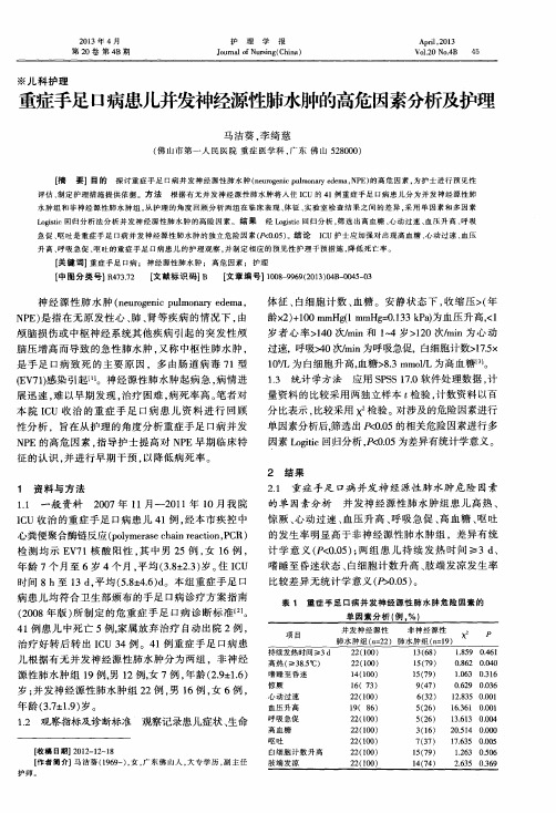 重症手足口病患儿并发神经源性肺水肿的高危因素分析及护理