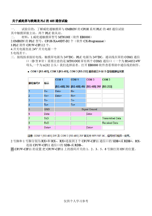 威纶触摸屏与CP1H通过RS485通信