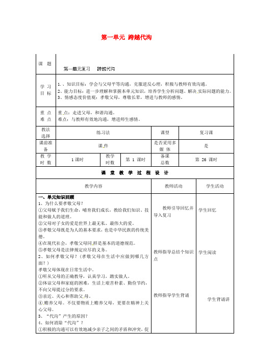 八上-政治-第一单元 跨越代沟复习学案(无答案) 教科版