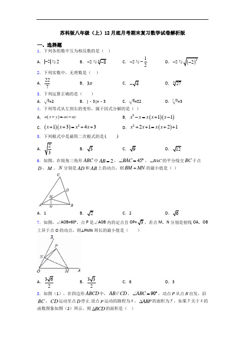 苏科版八年级(上)12月底月考期末复习数学试卷解析版