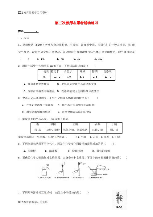 【配套K12】江苏省南京市溧水区2017中考化学一模前复习 18 第三次教师志愿者活动练习试题(无答案)