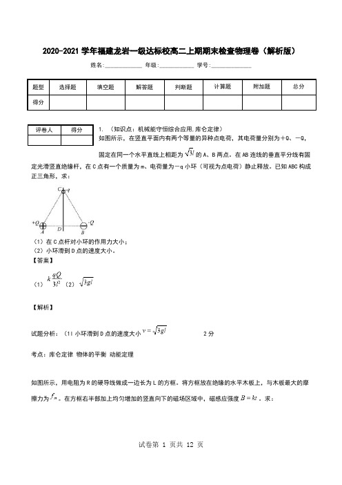 2020-2021学年福建龙岩一级达标校高二上期期末检查物理卷(解析版).doc