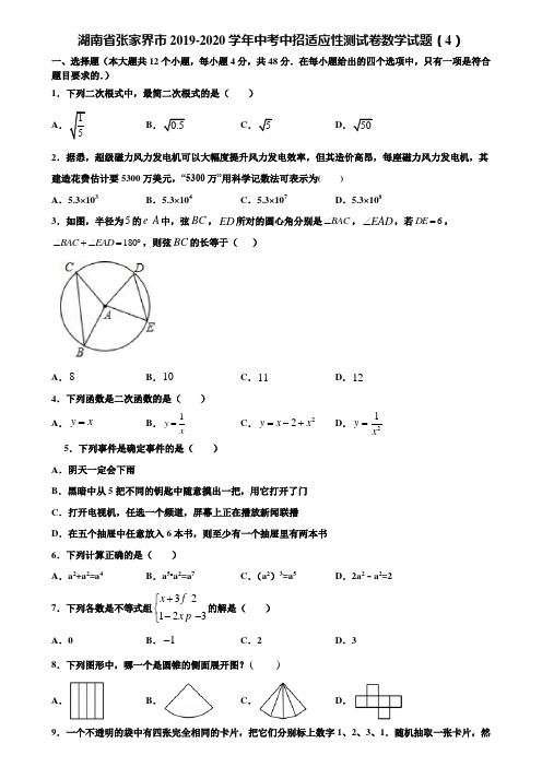 湖南省张家界市2019-2020学年中考中招适应性测试卷数学试题(4)含解析