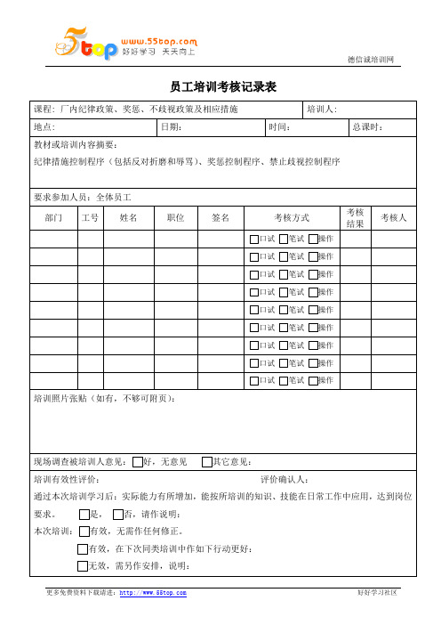 员工培训考核记录表范例