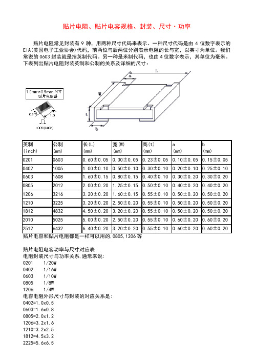 贴片电阻、贴片电容规格、封装、尺寸