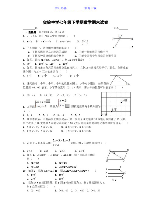 实验中学七年级下学期数学期末试卷