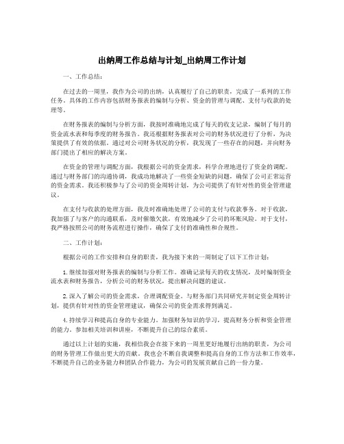 出纳周工作总结与计划_出纳周工作计划