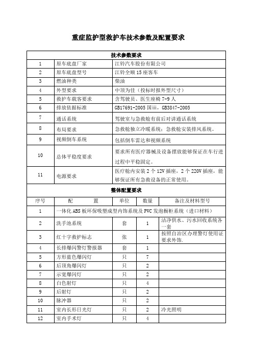 重症监护型救护车技术参数及配置要求