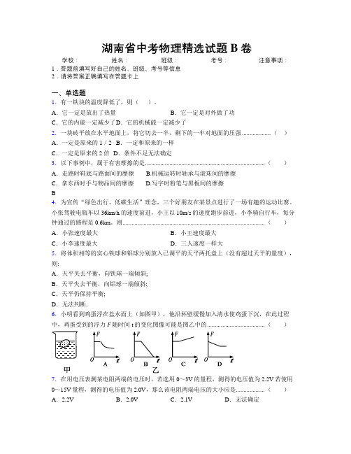 湖南省中考物理精选试题B卷附解析