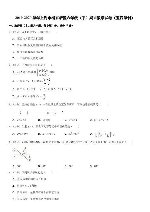 2019-2020学年上海市浦东新区六年级(下)期末数学试卷(五四学制)