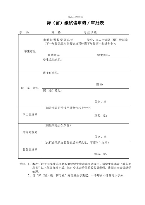 南昌工程学院降级试读申请／审批表