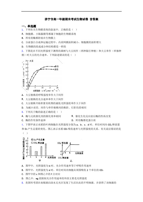 济宁市高一年级期末考试生物试卷 含答案