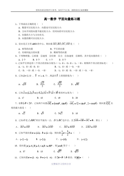 高一数学-平面向量练习题.doc