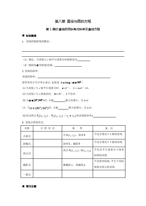 高中学考复习导学案 第八章 直线与圆的方程(5课时)