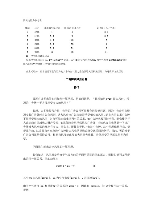 附风速阻力参考表