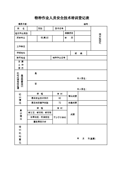 特种作业人员安全技术培训登记表