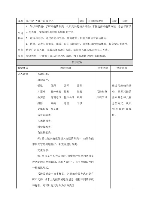 第二课 兴趣广泛有中心(教案)小学心理健康五年级上册同步备课系列(人教版)