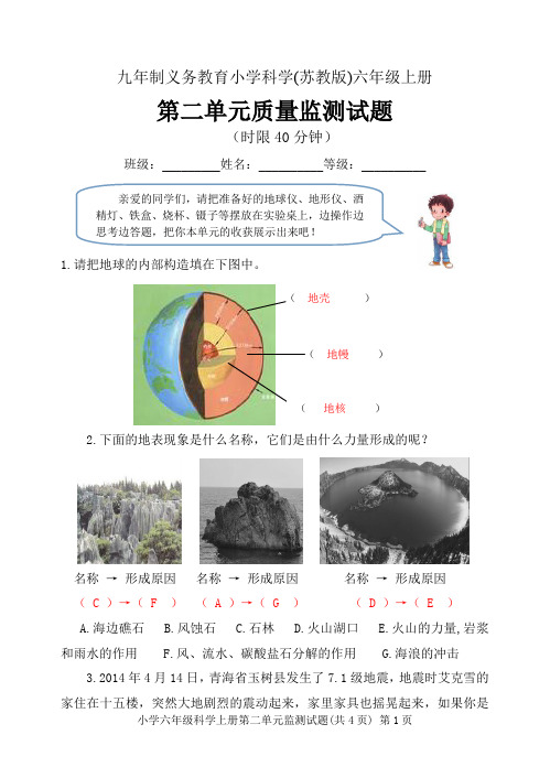 苏教版科学六年级上册第二单元试题答案