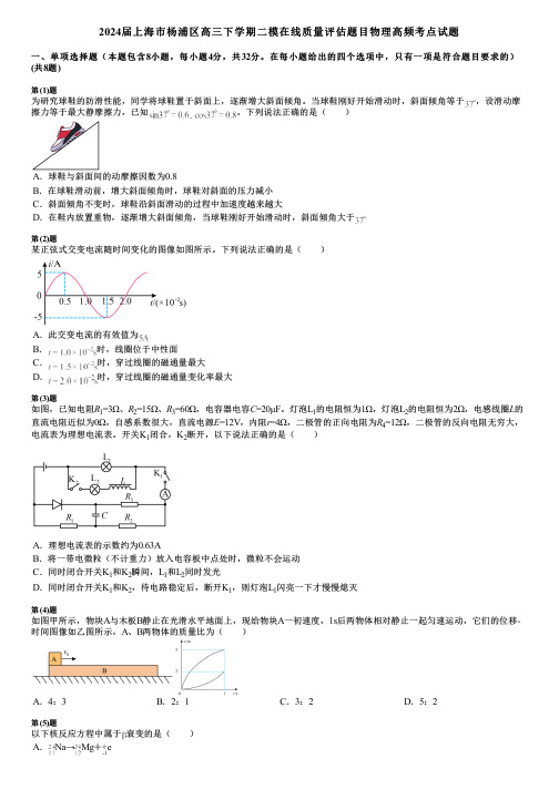 2024届上海市杨浦区高三下学期二模在线质量评估题目物理高频考点试题