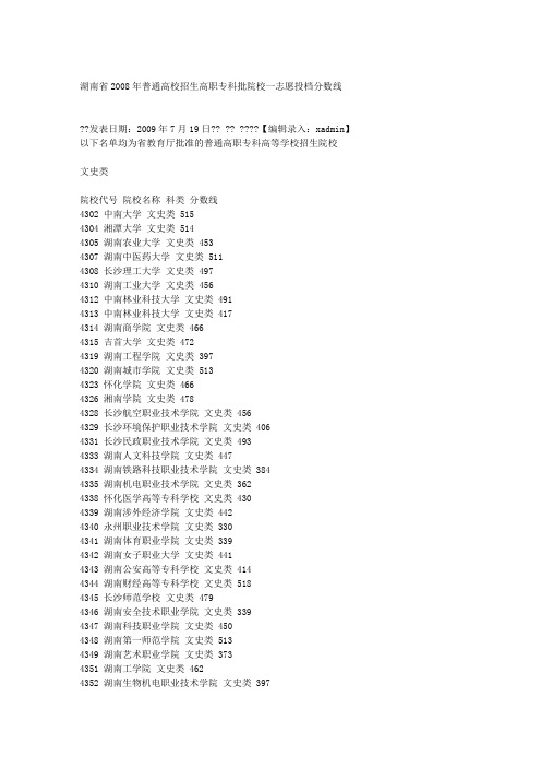 湖南省2008年普通高校招生高职专科批院校一志愿投档分数线