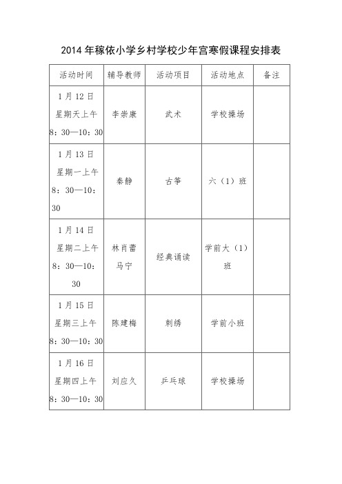 2014乡村学校少年宫寒假课程安排表