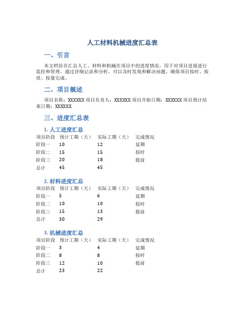 人工材料机械进度汇总表