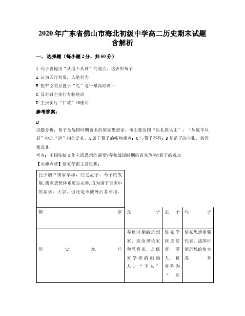 2020年广东省佛山市海北初级中学高二历史期末试题含解析