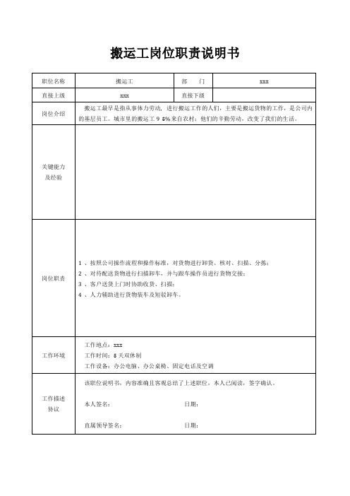 搬运工岗位职责说明书[精美打印版本]