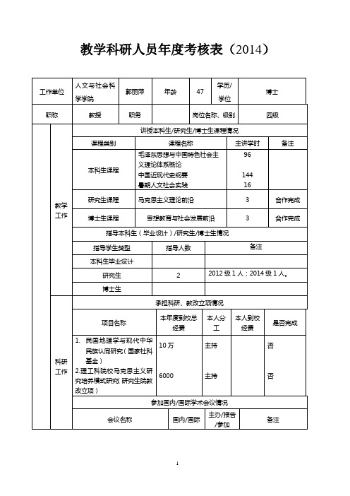 教学科研人员年度考核表(2014)