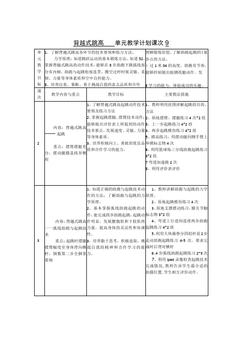 体育与健康《背越式跳高》单元教学计划(9课时)