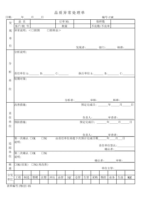 品质异常处理单样板