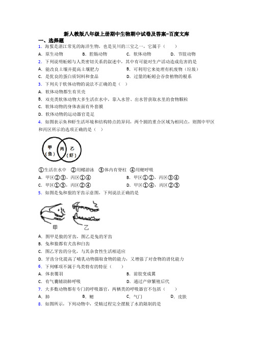 新人教版八年级上册期中生物期中试卷及答案-百度文库