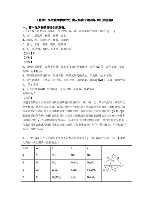 (化学)高中化学物质的分类及转化专项训练100(附答案)