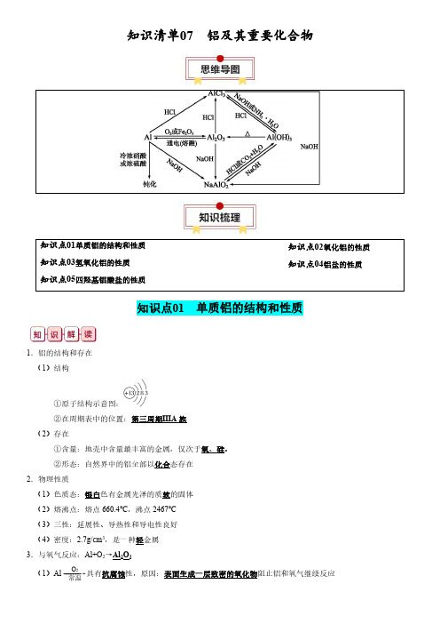 2024年高考化学一轮复习知识清单07  铝及其重要化合物