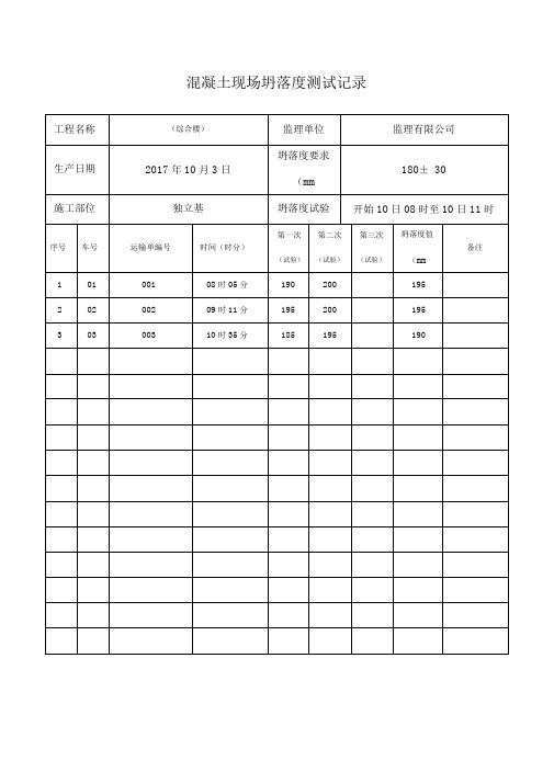 混凝土现场坍落度测试记录