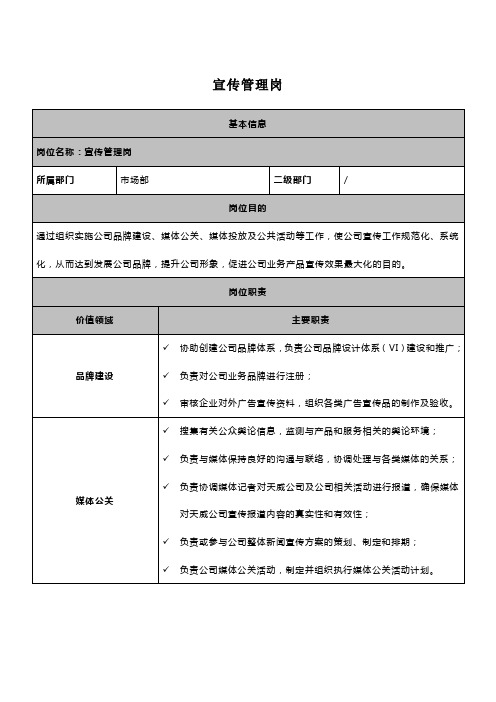 宣传管理岗岗位说明书