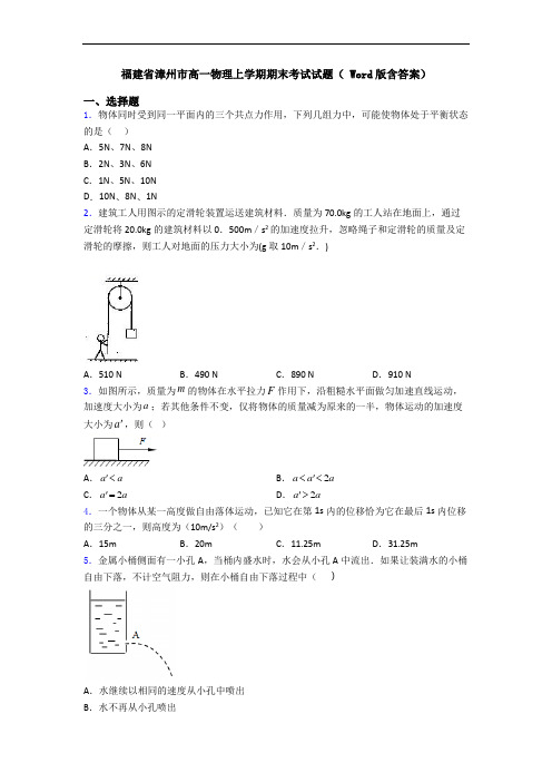 福建省漳州市高一物理上学期期末考试试题( Word版含答案)